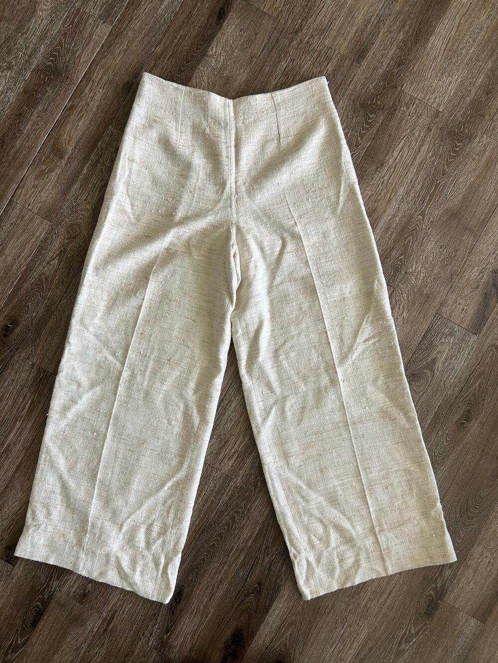 Edward Achour Paris Ivory Silk Trousers, Tweed-Inspired Wide-Leg, Size 46.